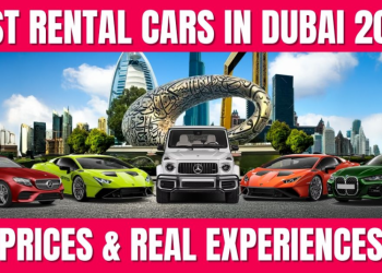 Tourist driving a luxury car from a cheap car rental Dubai service near Burj Khalifa