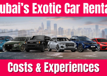Luxury supercars lined up for Exotic Car Rental Dubai, featuring Lamborghini, Ferrari, and Rolls-Royce on Sheikh Zayed Road.