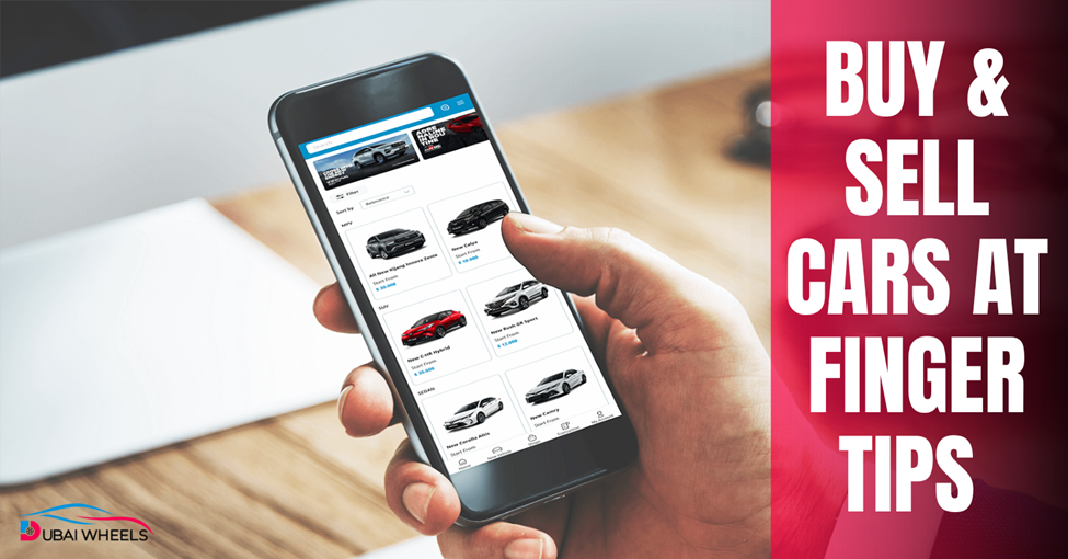 Person using mobile app and website for digital car buying in Dubai