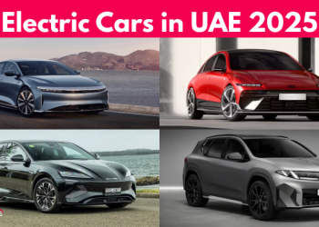 Electric cars in UAE 2025 charging at modern EV stations with top models on display.