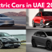 Electric cars in UAE 2025 charging at modern EV stations with top models on display.