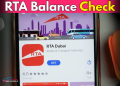 A commuter in Dubai checking RTA balance on mobile app and Nol card to stay updated on Salik and transport balance.