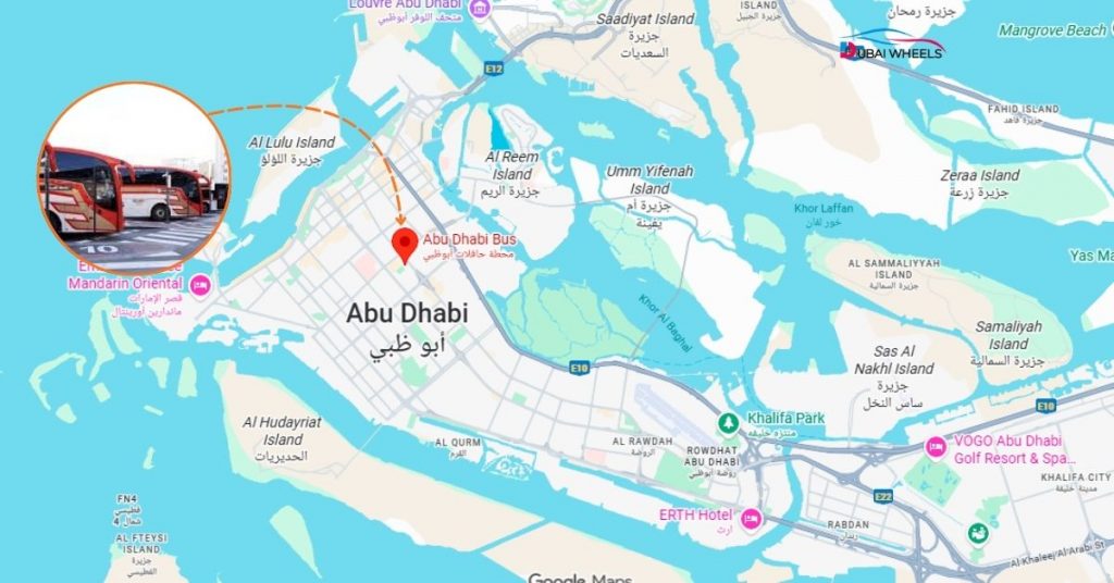 Bus routes map and timings at Abu Dhabi Central Bus Station for intercity and city travel across UAE