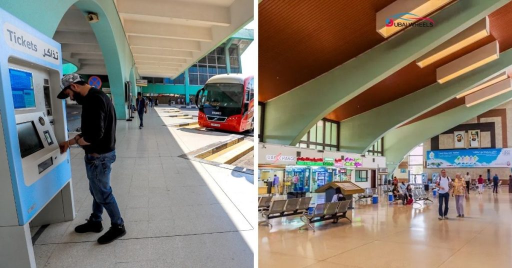Facilities at Abu Dhabi Central Bus Station including waiting areas, AC zones, ticket counters, restrooms, and nearby amenities