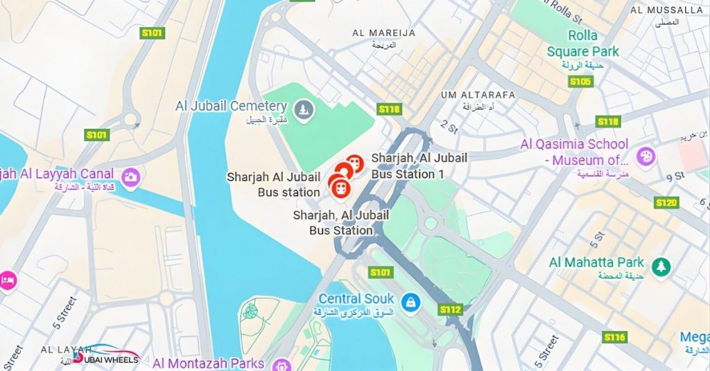 Google Map showing location of Al Jubail Bus Station Sharjah near Rolla Area and Corniche