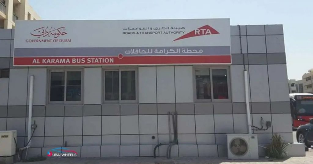 Al Karama Bus Station in Dubai showing commuter platforms, nearby shops and restaurants, and connections to Bur Dubai, Oud Metha, Satwa, and Sheikh Zayed Road.