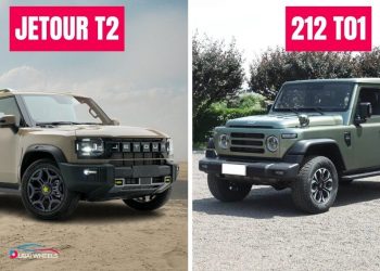 212 T01 vs Jetour T2 UAE – front view of both 4WD SUVs in desert-ready terrain