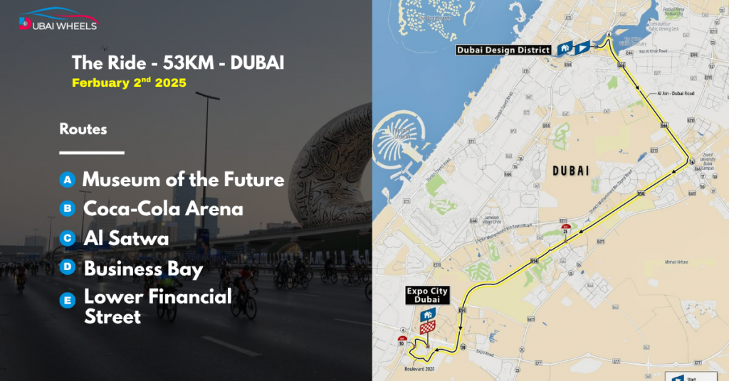 Dubai Ride 2025 official route map showing zones, distances, and Free Careem Bikes stations