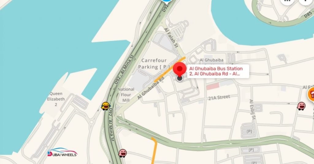 Map showing Dubai to intercity bus routes from Al Ghubaiba Bus Station Dubai to Sharjah, Abu Dhabi, and Ajman