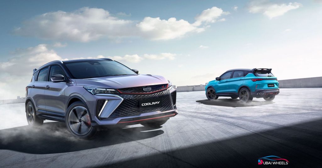 2025 Geely Coolray UAE sporty exterior with sharp LED headlights, re-engineered grill, rear spoiler, and alloy wheels