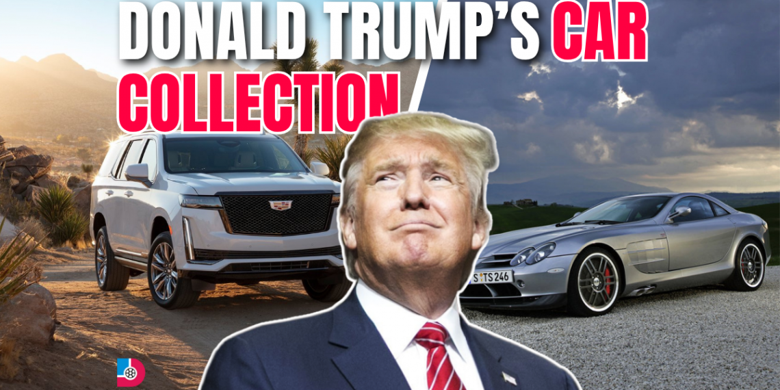 Donald Trump’s Car Collection inside his luxury garage featuring Rolls-Royce, Lamborghini, and Cadillac — a symbol of power and wealth.