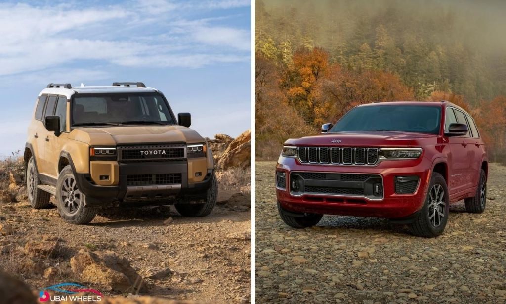 2025 Jeep Grand Cherokee UAE compared with Toyota Land Cruiser showing design, luxury interior differences, and off-road capability contrast