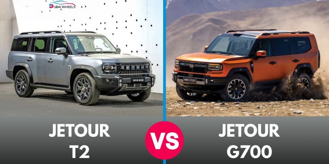 Jetour G700 vs Jetour T2 in UAE review – front and side views highlighting SUV power, price, features, and hybrid technology