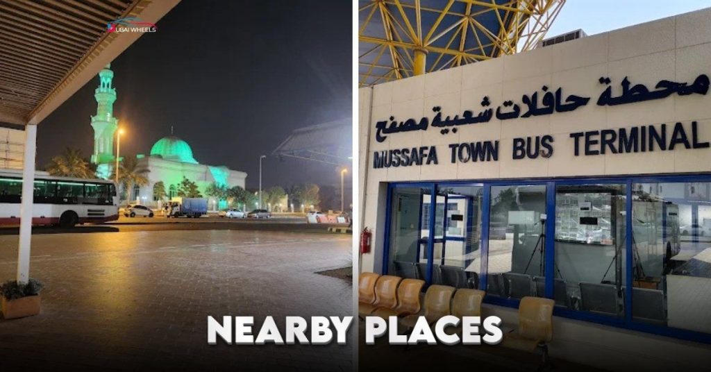 Musaffah Bus Station surrounding area with restaurants, supermarkets, industrial factories, and staff accommodations in Abu Dhabi