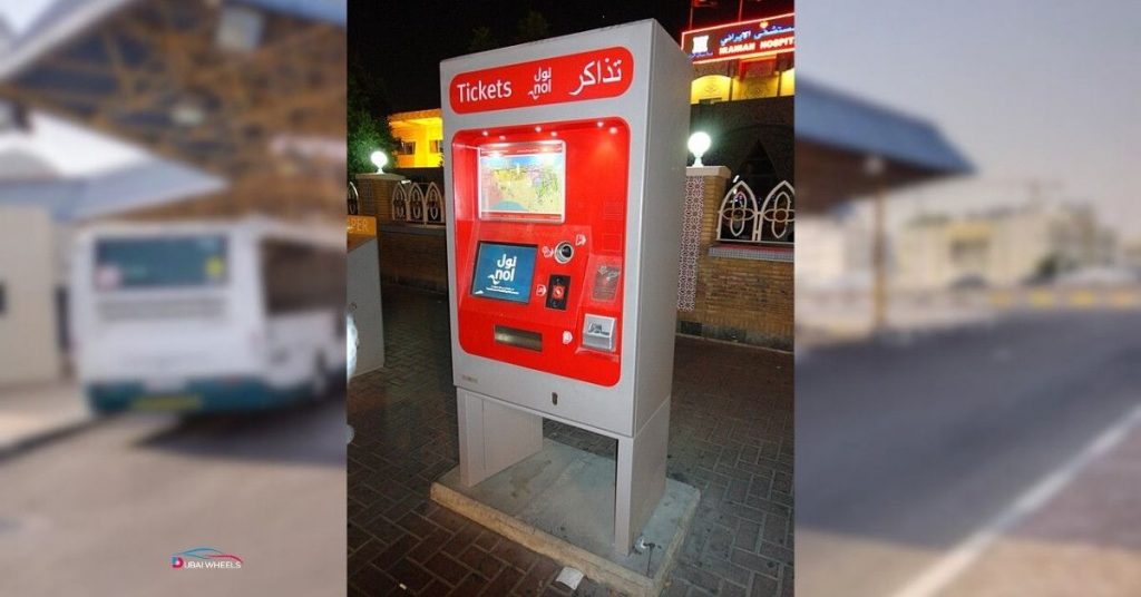 Ticket counters and Nol-style card payment machines at Musaffah Bus Station in Abu Dhabi for easy bus ticketing