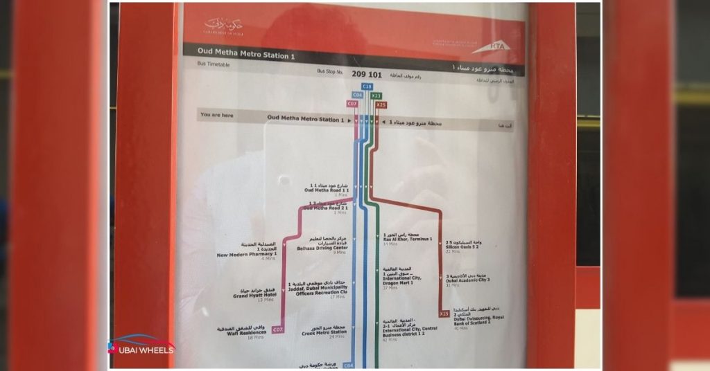 Map of Oud Metha Bus Station in Dubai showing key city bus routes and connections to offices, commercial areas, and neighborhoods