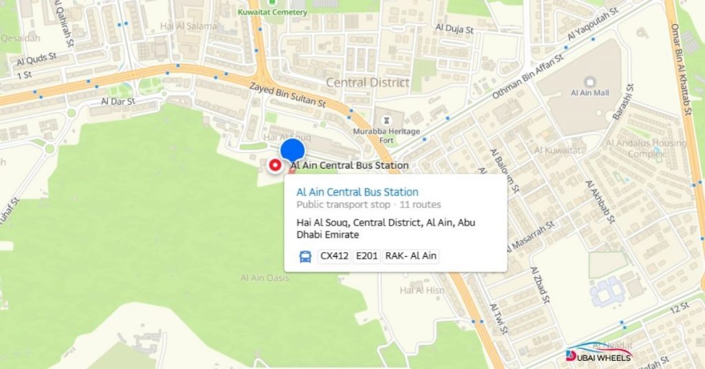 Map showing popular intercity bus routes, timings, and fares from Sharjah and Al Ain Bus Stations to Dubai, Abu Dhabi, Fujairah, Ajman, and other Emirates.