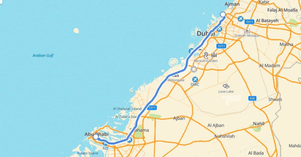 Google Maps view of Route 117 from Al Jubail Bus Station Sharjah to Abu Dhabi with stops and route path