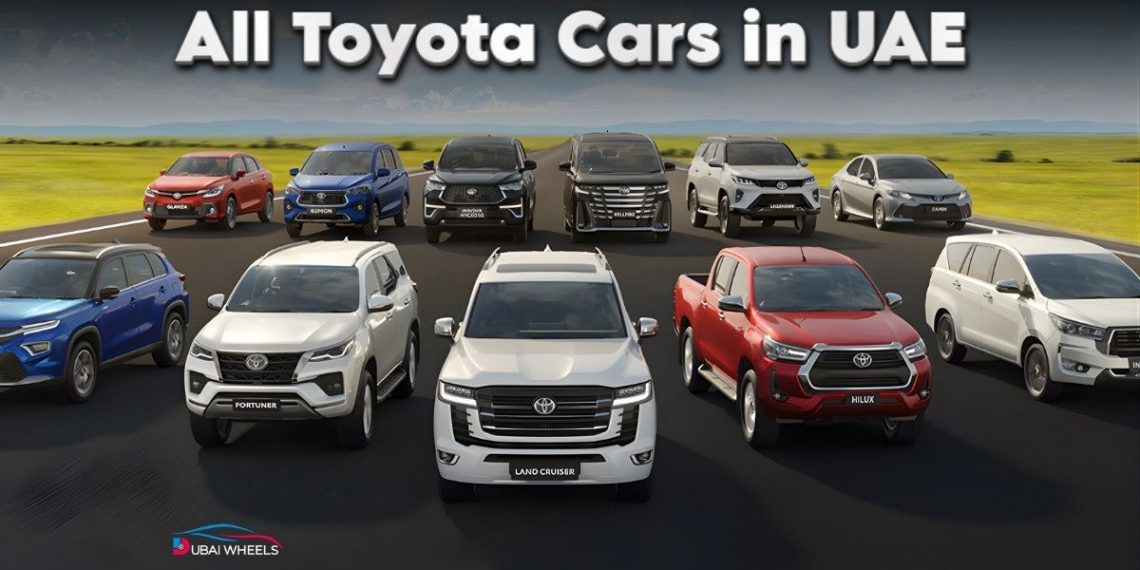 2025 Toyota UAE lineup showing SUVs, sedans, and hybrid cars with prices and features