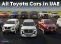2025 Toyota UAE lineup showing SUVs, sedans, and hybrid cars with prices and features
