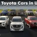 2025 Toyota UAE lineup showing SUVs, sedans, and hybrid cars with prices and features
