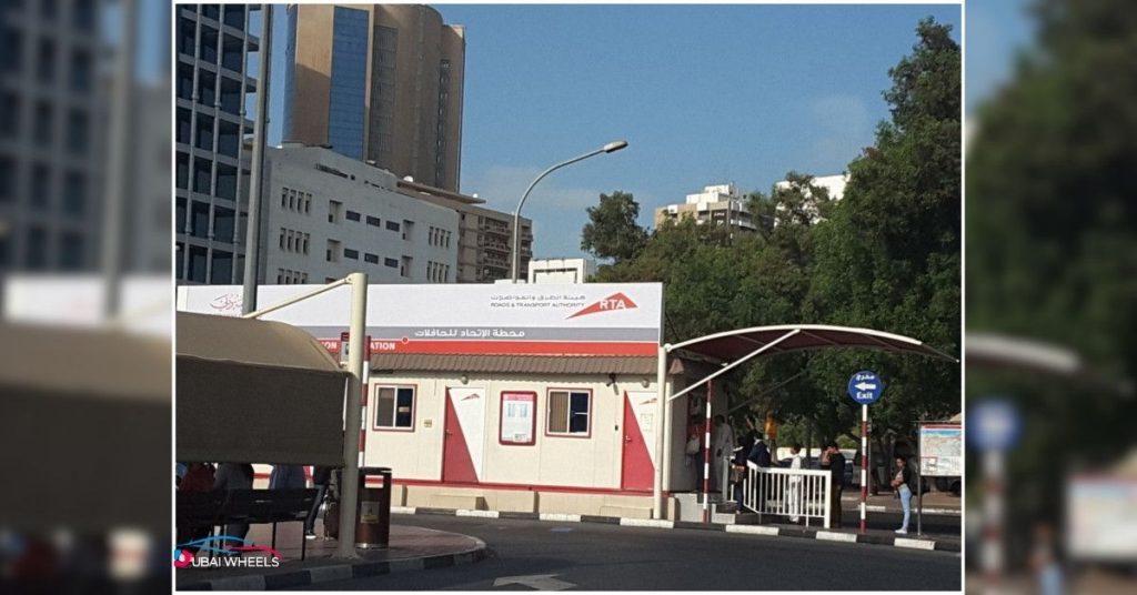 Union Bus Station Dubai timetable and RTA schedule board showing city and intercity bus timings