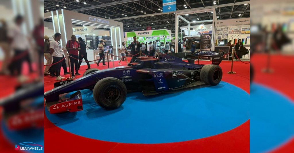 Formula race car displayed at Automechanika Dubai 2025, highlighting electric vehicle technology and automotive innovations