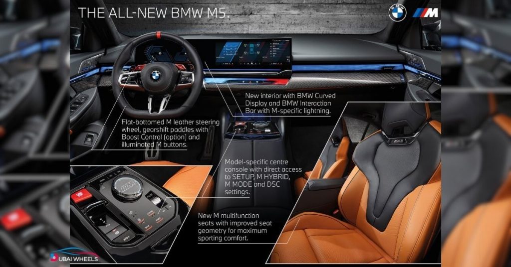 2025 BMW M5 UAE interior featuring luxury cabin, advanced infotainment system, digital instrument cluster, and driver-oriented technology for comfort and performance.