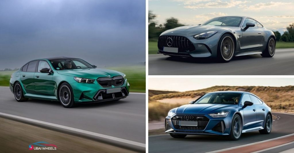 2025 BMW M5 compared with Mercedes AMG and Audi RS7 in the UAE, showcasing performance, power, and luxury sedan competition.