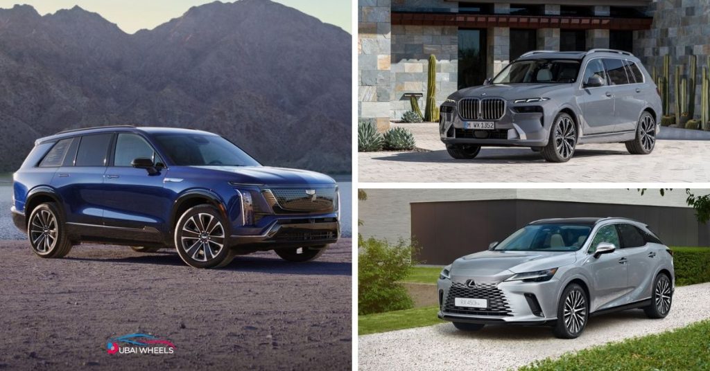Cadillac vs BMW UAE vs Lexus UAE comparison chart showing Road Presence, Interior Luxury, EV Innovation, Value for Money, and Maintenance Cost ratings