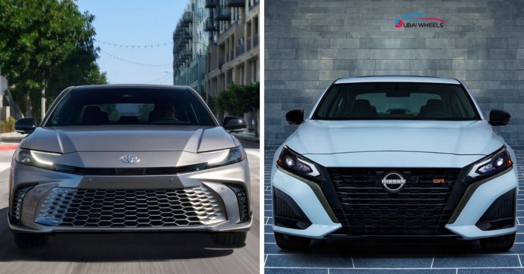 Toyota Camry vs Nissan Altima UAE 2025 head-to-head comparison showing engine, interior, and tech features for family sedans.