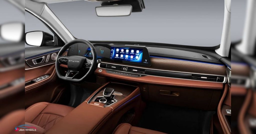 Chery Tiggo 8 Pro Max interior UAE – spacious cabin, dual screens, leather seats, and family SUV comfort