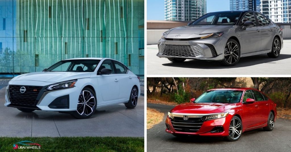 Convenient cars for UAE roads including Toyota Camry, Honda Accord, and Nissan Altima driving on highways with comfort and smooth ride
