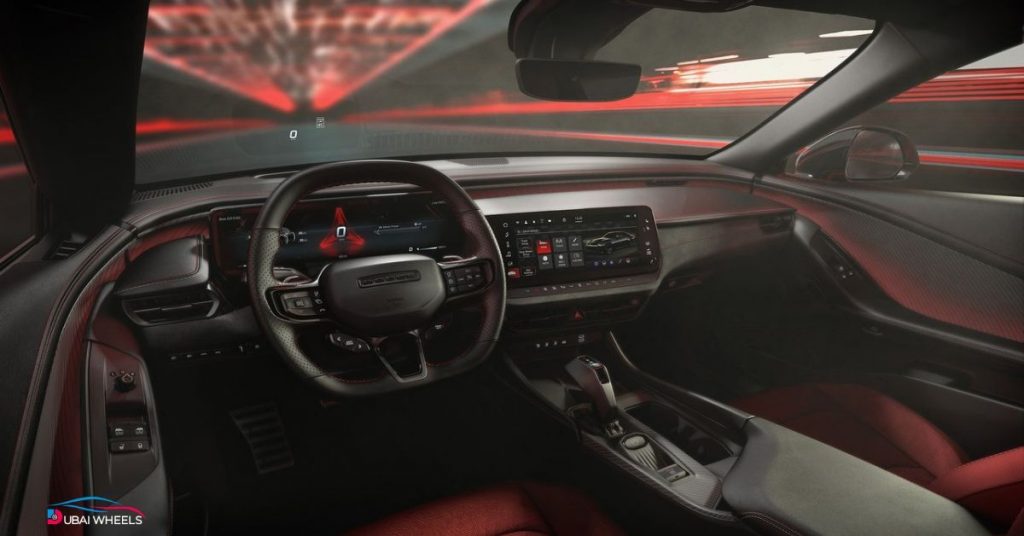 Dodge Charger UAE Review interior featuring premium leather seats, digital instrument cluster, and touchscreen infotainment