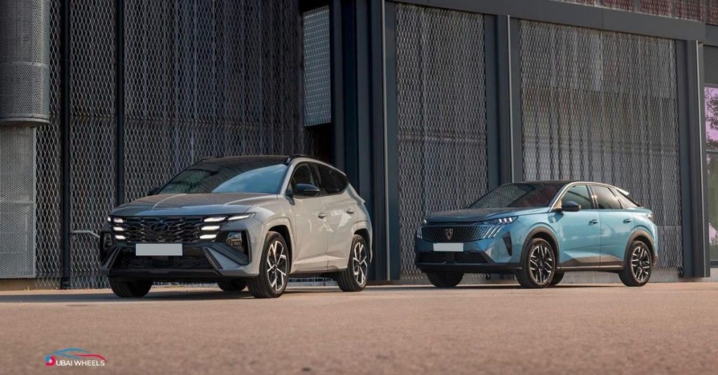 Peugeot 3008 vs Hyundai Tucson family practicality comparison in UAE showing interior space, rear seats, cargo capacity and best family SUV choice for Dubai in 2025.