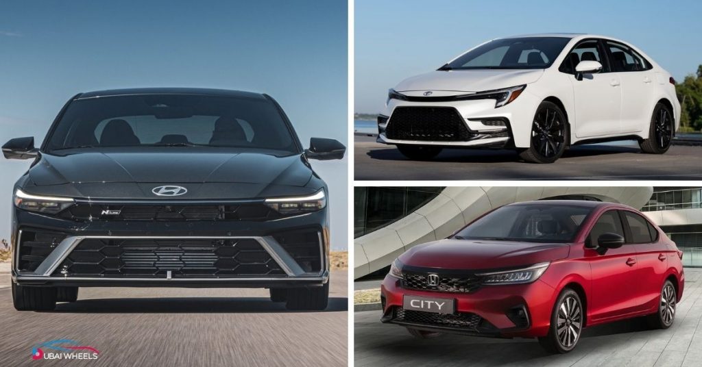Fuel-efficient cars for daily commute in UAE including Toyota Corolla, Honda City, and Hyundai Elantra on city and highway roads