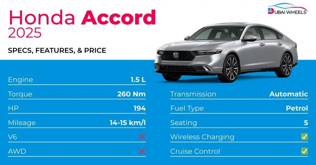 Honda Accord 2025 UAE infographic showing safety, driver-assist, infotainment, and hybrid features