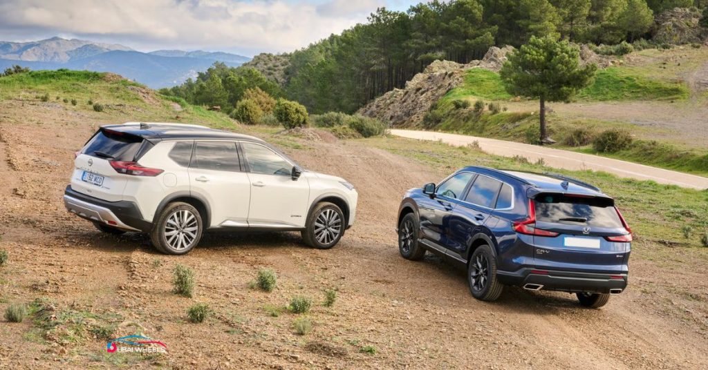 Honda CR-V vs Nissan X-Trail UAE 2025 fuel economy comparison showing city and highway mileage for mid-size SUVs