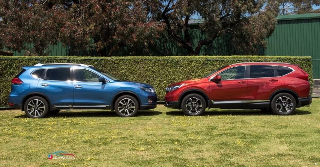 Honda CR-V vs Nissan X-Trail UAE 2025 price comparison showing starting prices of AED 129,900 and AED 101,900