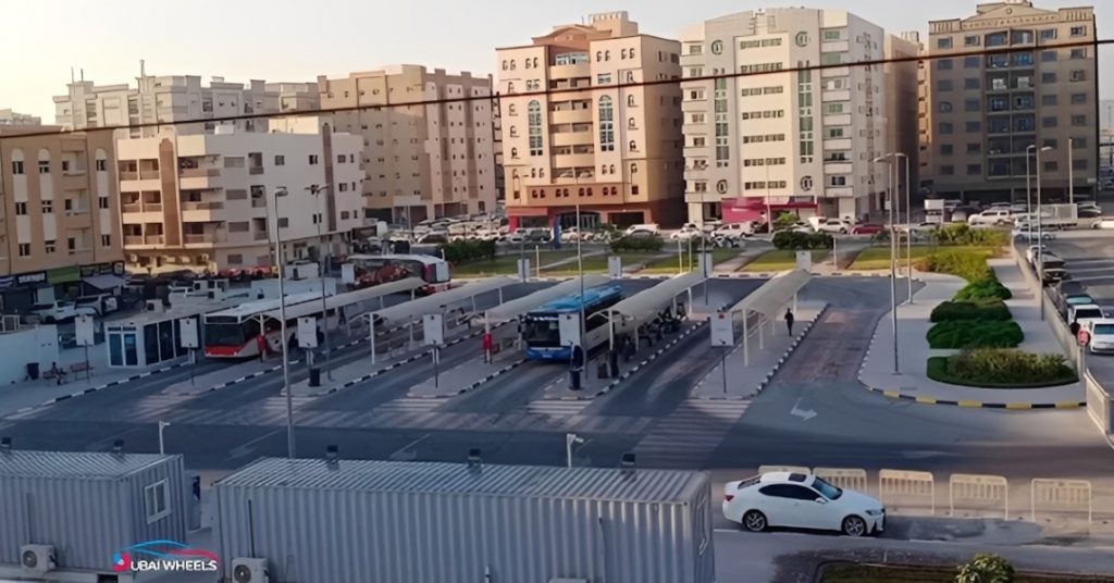 Directions and access routes to Muwaileh Bus Terminal Sharjah showing University City Road, nearby landmarks, parking, and park-and-ride facilities