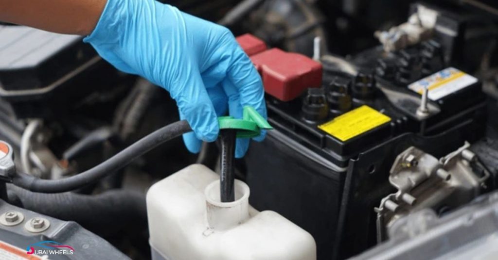Proper way to top up engine coolant – pouring coolant in reservoir, correct 50/50 mixture, checking coolant level in car engine in UAE heat