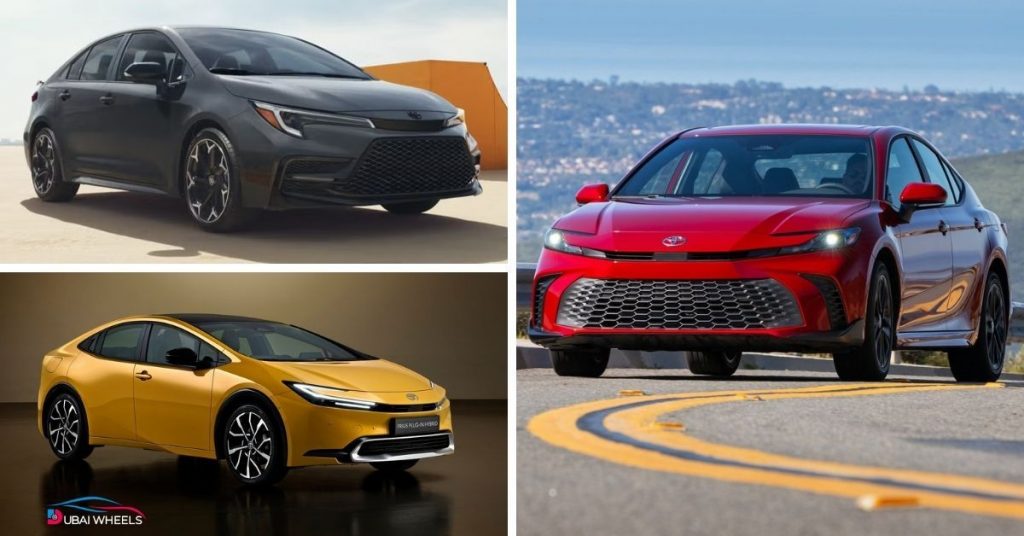 Hybrid best cars for daily commute in UAE including Toyota Corolla Hybrid, Toyota Camry Hybrid, and Toyota Prius driving on city and highway roads