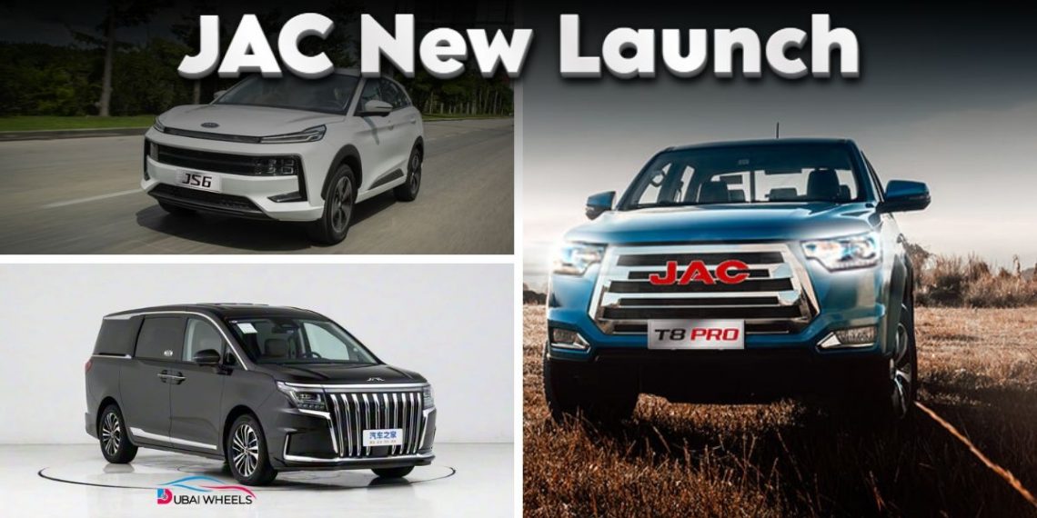 JAC T8 Pro, JS6 Pro and RF8 UAE launch lineup showing pickup, SUV and hybrid MPV with features and specs