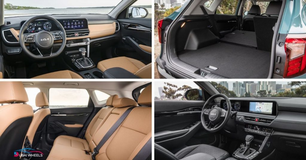 Kia Seltos UAE 2025 interior showcasing touchscreen infotainment, digital driver display, plush seats, and premium cabin materials