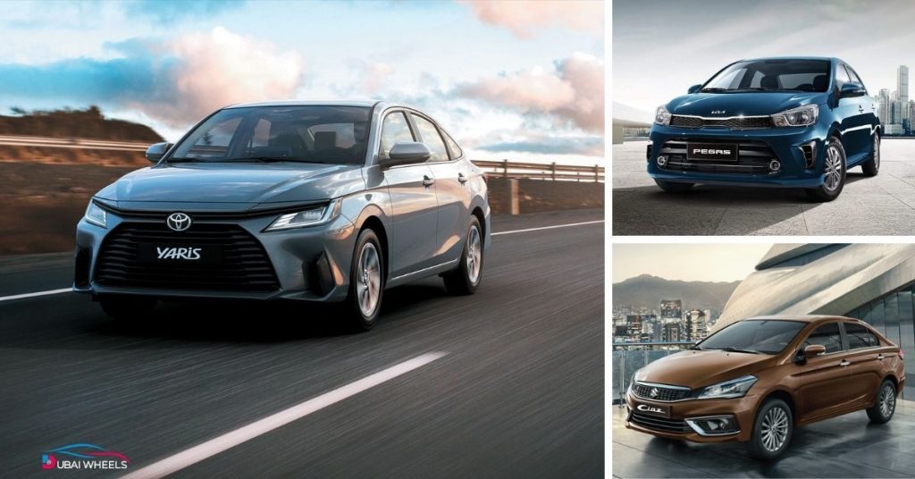 Low-cost cars for UAE commuters including Toyota Yaris, Kia Pegas, and Suzuki Ciaz on city roads in Dubai