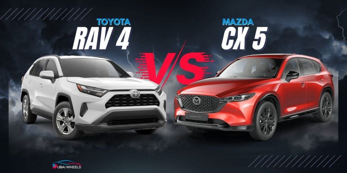 Mazda CX-5 vs Toyota RAV4 UAE 2025 comparison featuring both SUVs side by side, showing design, performance and fuel economy differences for UAE drivers
