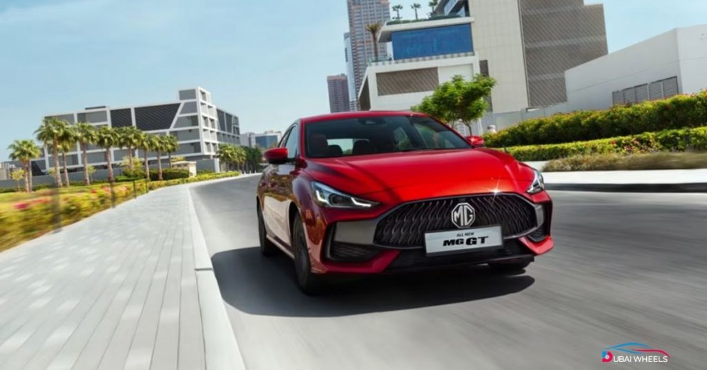 MG GT 2025 UAE exterior showing sporty front grille, LED headlights, sculpted body lines, and alloy wheels