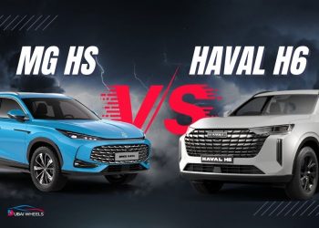 MG HS vs Haval H6 UAE 2025 comparison showing exterior design, road presence, and SUV features in Dubai