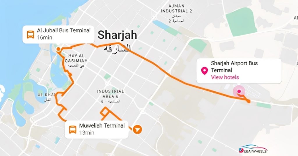 Map showing major intercity bus routes from Muwaileh Bus Terminal Sharjah to Abu Dhabi, Ajman, Al Ain, Ras Al Khaimah, and Fujairah