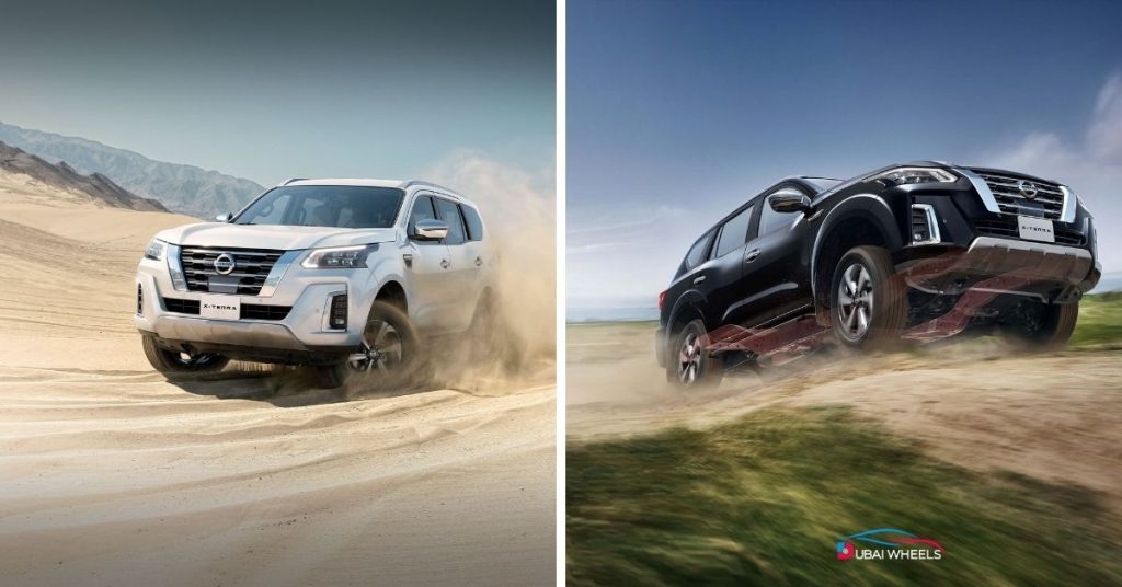2025 Nissan Xterra UAE 4x4 SUV navigating desert dunes with high ground clearance and off-road suspension